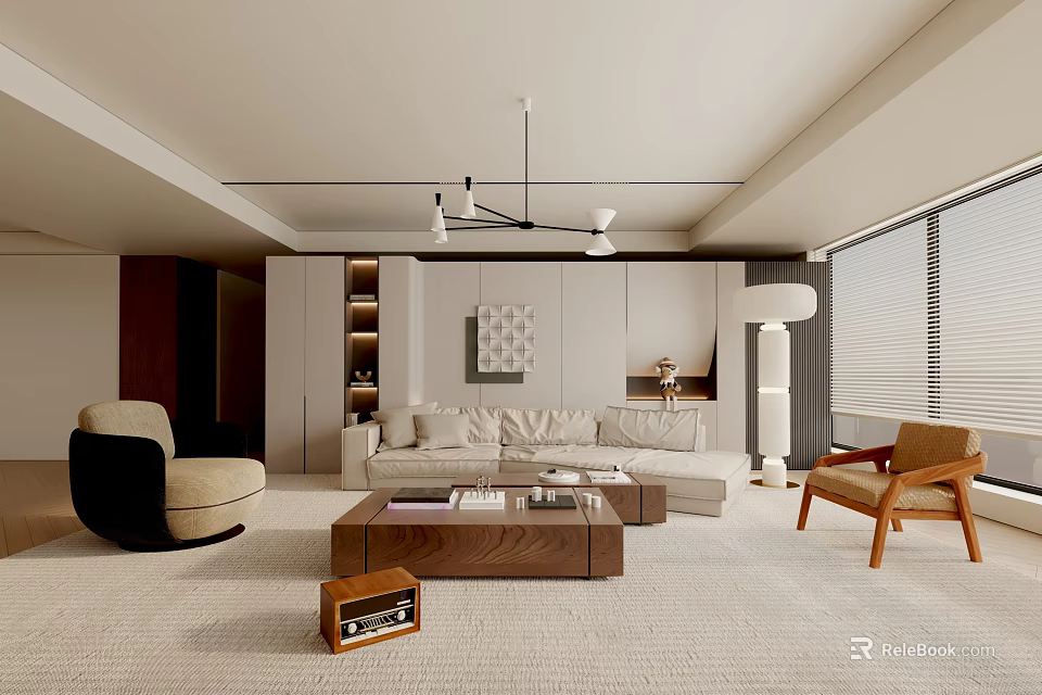 Modern Living Room With Neutral Tones Sofa Coffee Table Armchair Floor Lamp And Wall Art 3d model 