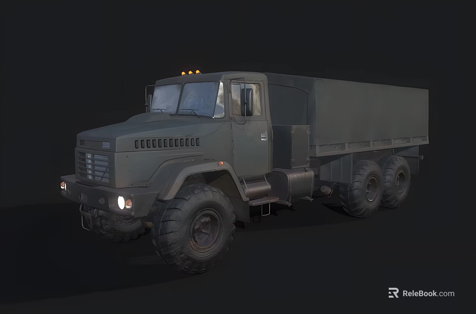 Olive Green Military Truck With Off Road Tires Cargo Bed And Headlights On 3d model 