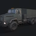 Olive Green Military Truck With Off Road Tires Cargo Bed And Headlights On