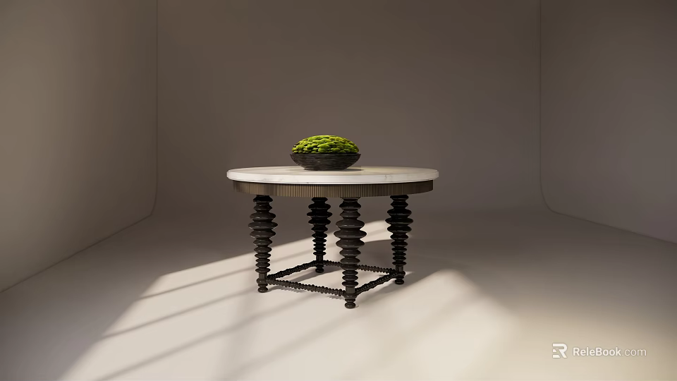 Round Dining Table With Marble Top Black Spiral Legs And Green Plant Bowl 3d model 