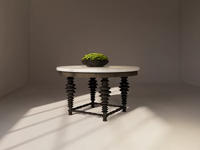 Round Dining Table With Marble Top Black Spiral Legs And Green Plant Bowl 3d model