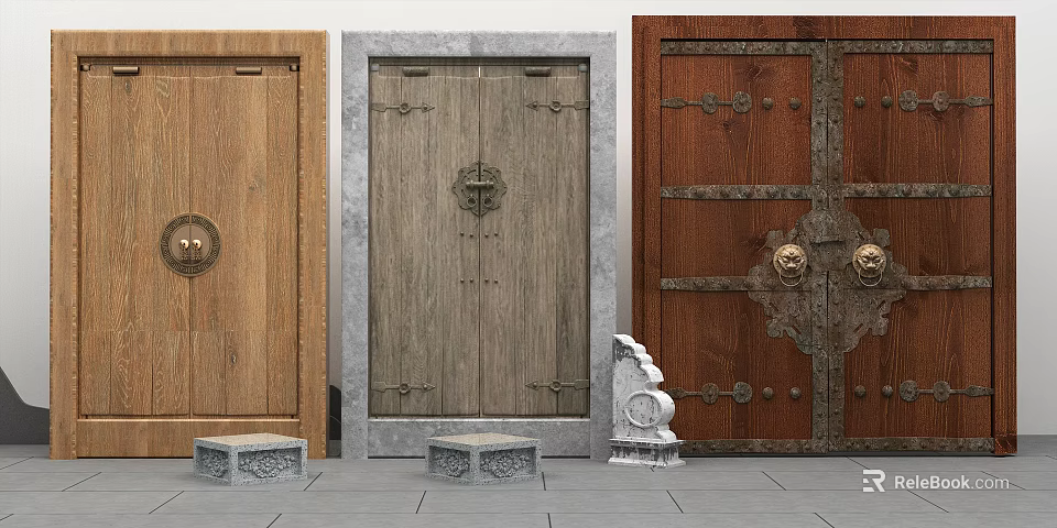 Traditional Wooden Stone Entrance Doors With Metal Hardware Decorative Knockers Stone Bases and Sculpture 3d model 