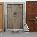 Traditional Wooden Stone Entrance Doors With Metal Hardware Decorative Knockers Stone Bases and Sculpture