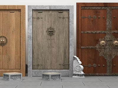 Traditional Wooden Stone Entrance Doors With Metal Hardware Decorative Knockers Stone Bases and Sculpture 3d model