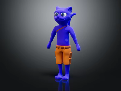 Purple Cat Like Character Wearing Orange Shorts With Brown Belt 3D Model On Black Background 3d model