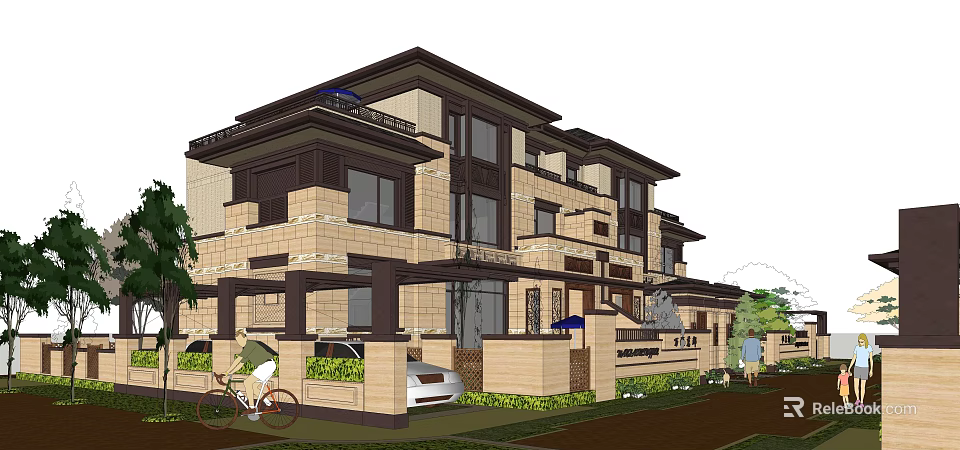 Modern Duplex Villa Exterior Design With Beige Brown Facade Large Windows And Front Lawn Greenery 3d model 