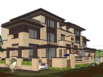 Modern Duplex Villa Exterior Design With Beige Brown Facade Large Windows And Front Lawn Greenery 3d model