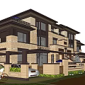 Modern Duplex Villa Exterior Design With Beige Brown Facade Large Windows And Front Lawn Greenery