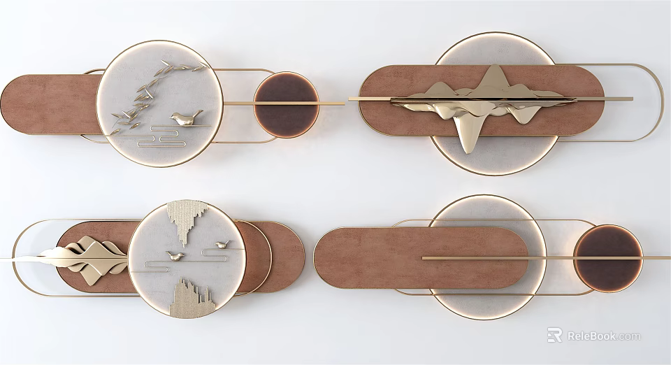 Elegant Modern Wall Decor With Wooden Bases Metal Frames And Circular Glass Mountain Bird Patterns 3d model 