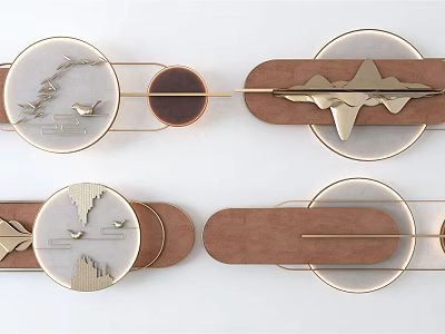 Elegant Modern Wall Decor With Wooden Bases Metal Frames And Circular Glass Mountain Bird Patterns 3d model