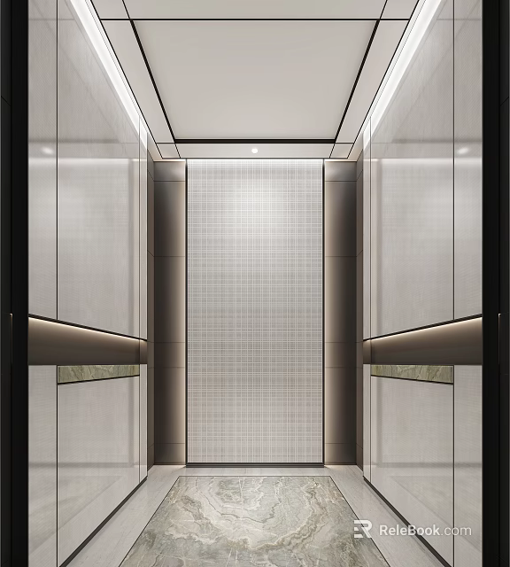 Modern Elevator Interior Design With Sleek Metal Panels Textured Wall And Soft Lighting 3d model