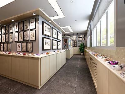 Modern Retail Space With Display Cabinets Framed Artworks And Natural Light 3d model