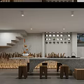 Modern Café Interior Design With Stone Countertop Wooden Shelves Hanging Lights And Wine Bottles