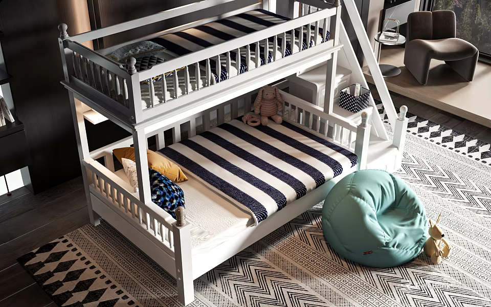 White Bunk Bed With Striped Mattress Ladder Stuffed Toy And Bean Bag On Patterned Rug 3d model 