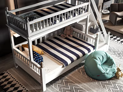 White Bunk Bed With Striped Mattress Ladder Stuffed Toy And Bean Bag On Patterned Rug 3d model