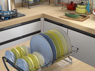 Colorful Dish Set On Rack In Modern Kitchen 3d model