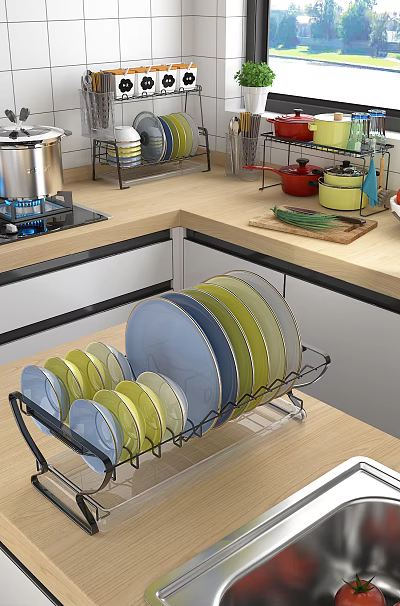Colorful Dish Set On Rack In Modern Kitchen 3d model
