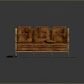 Multi Person Orange Leather Sofa With Carved Wooden Armrests And Patterned Carpet