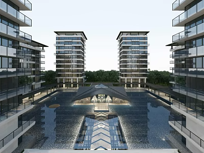 Modern High Rise Residential Building With Central Water Pool Greenery Glass Curtain Walls And Balconies 3d model