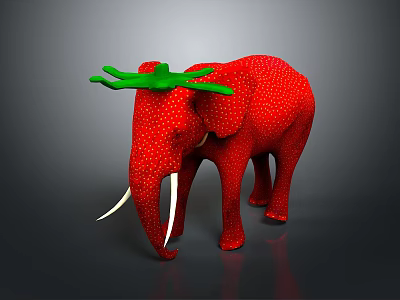 Red Elephant with White Polka Dots Green Antler Decoration and White Tusks on Dark Background 3d model