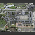 Cartoon Scenery Featuring Large Building Complex With Tower Dome Courtyard Green Space And Parking Lot