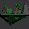Low Poly 3D Forest Landscape With Green Trees Gray Rocks Campfire And Wooden Barrel