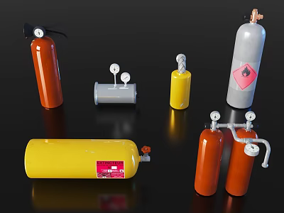 Industrial Equipment Including Gas Cylinders Valves And Pressure Gauges In Various Colors 3d model