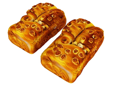 Freshly Baked Golden Artisan Bread With Twisted Patterns And Round Decorative Toppings 3d model