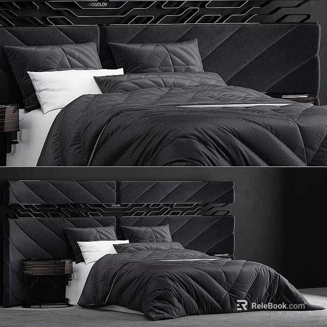 Modern Black Double Bed With Textured Headboard Quilted Bedding And White Pillows 3d model 