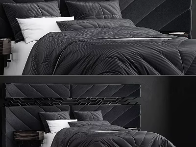 Modern Black Double Bed With Textured Headboard Quilted Bedding And White Pillows 3d model