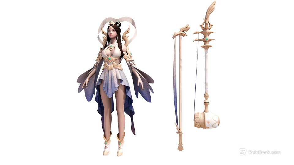 Female Game Film Character In Ornate Headdress White Purple Outfit Flowing Skirt And Long Staff 3d model 