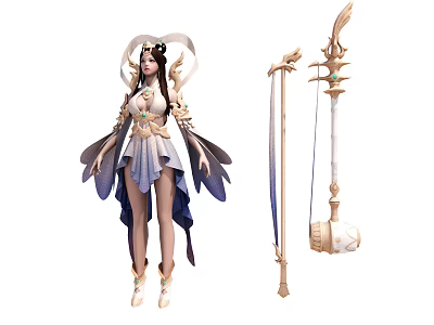 Female Game Film Character In Ornate Headdress White Purple Outfit Flowing Skirt And Long Staff 3d model