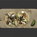 Delicious Chicken Tacos With Avocado Sour Cream On Wooden Board And Green Chili