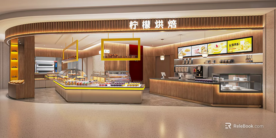 Lemon Bakery Modern Interior With Fresh Pastries Display Counters And Bright Lighting 3d model 