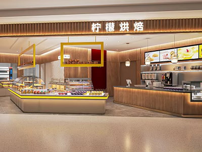 Lemon Bakery Modern Interior With Fresh Pastries Display Counters And Bright Lighting 3d model