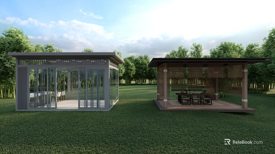 Modern Outdoor Pavilions With Green Lawn Trees And Wooden Furniture 3d model 