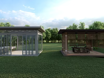 Modern Outdoor Pavilions With Green Lawn Trees And Wooden Furniture 3d model