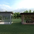 Modern Outdoor Pavilions With Green Lawn Trees And Wooden Furniture