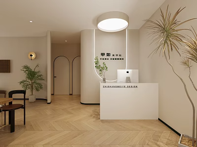 Elegant Cream Tone Beauty And Hair Salon Reception Interior Design With Warm Wood Flooring Decor 3d model