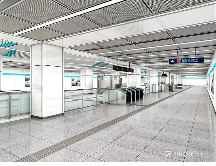 Modern Subway Station Interior With Spacious Tile Floor White Pillars And Automatic Gates 3d model 