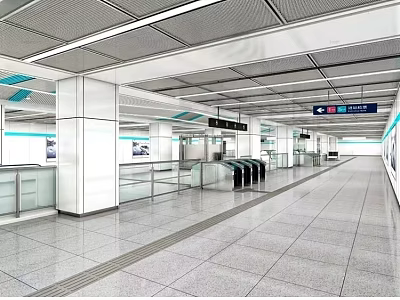 Modern Subway Station Interior With Spacious Tile Floor White Pillars And Automatic Gates 3d model