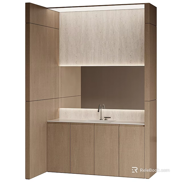 Modern Bathroom Vanity With Wooden Cabinets Marble Countertop And Mirror Lighting 3d model 