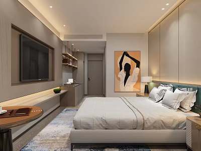 Modern Hotel Guest Room Interior With King Bed Flat Screen TV And Decorative Artwork 3d model