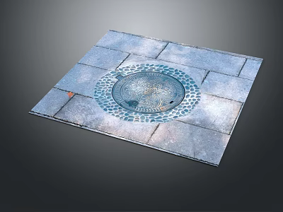 Road Facility Featuring Manhole Cover With Circular Design And Square Slabs Pavement 3d model
