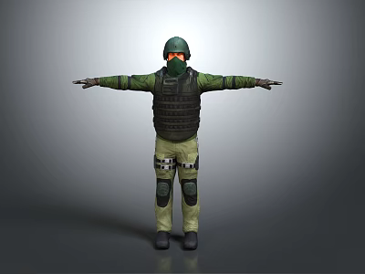 3D Tactical Operator Model In Green Uniform With Helmet Mask And Tactical Vest Arms Outstretched 3d model