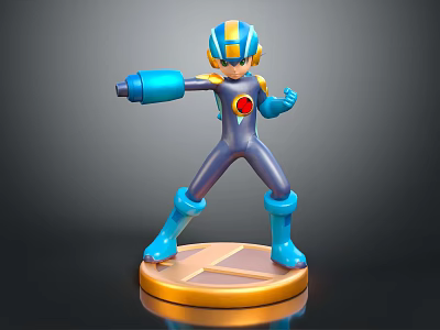 3D Robot Model With Blue Yellow Armor Helmet Red Emblem Weapon Device On Orange Base 3d model