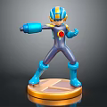 3D Robot Model With Blue Yellow Armor Helmet Red Emblem Weapon Device On Orange Base 3d model