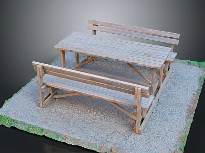 Wooden Outdoor Table With Attached Benches In Gravel Surface And Grass Edge Setting 3d model