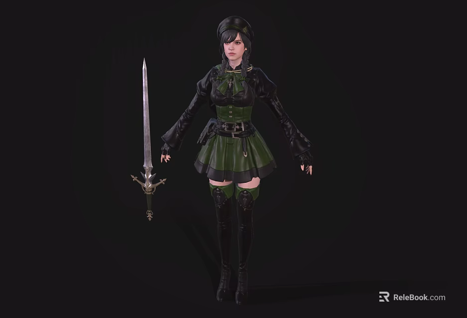 Fantasy Female Character in Green and Black Outfit Holding Longsword on Dark Background 3d model 