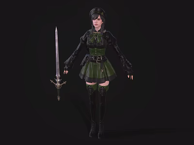 Fantasy Female Character in Green and Black Outfit Holding Longsword on Dark Background 3d model